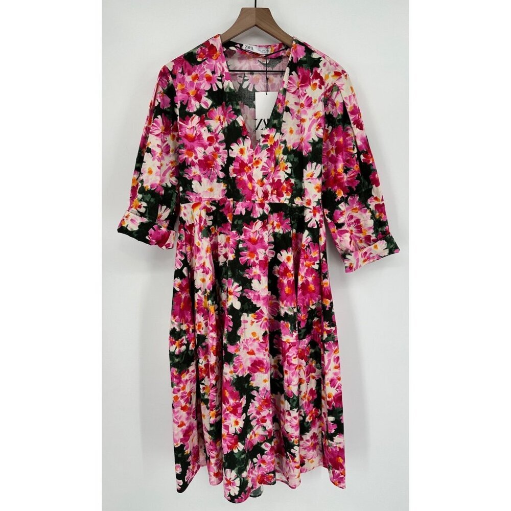 Zara Dress Women Small Pink Floral Midi Tie Belt V-Neck 3/4 Sleeve Worn On TV